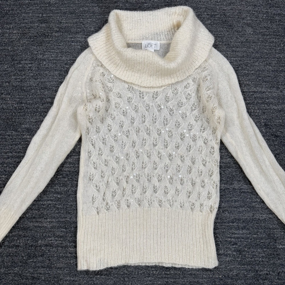 Vintage Ann Taylor Loft Sweater Women Large Ivory Lightweight Mohair Beaded Cowl